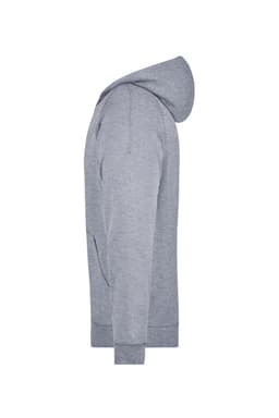 A grey hooded jacket with long sleeves and a front pocket, featuring a logo on the front.