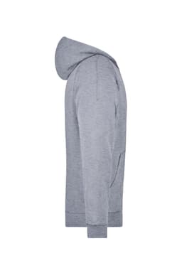 A grey hooded jacket with a front pocket and a stylish design. The jacket features a logo.