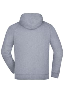 A grey hooded jacket with a back view, featuring a relaxed fit and a hoodie. It has a logo on the design.