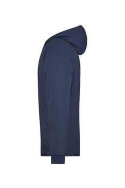 A navy hooded jacket with a side view, featuring a kangaroo pocket and a logo.