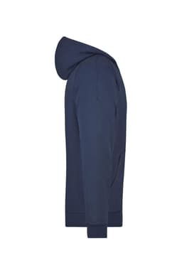 A navy hooded jacket with a side view, featuring a kangaroo pocket and ribbed cuffs. It has a brand logo.