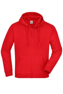 A red hooded jacket with a zip front and a logo on the chest area.