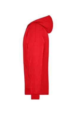 A red hooded jacket with a kangaroo pocket and a fitted design, featuring a logo on the front.