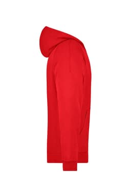 A red hooded jacket with a kangaroo pocket, featuring a logo on the front.