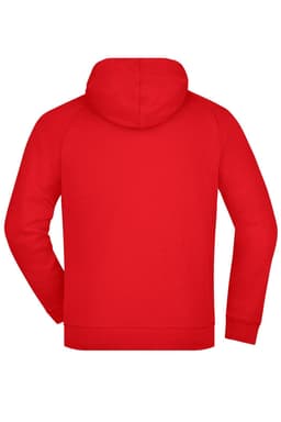 A red hooded jacket with a plain back design and a fitted hood. It features a logo on the back.