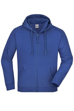 A blue hooded jacket featuring a zip front and drawstring. The jacket has a simple design and includes a logo.