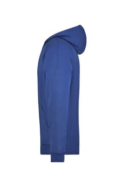 A blue hooded jacket with a front pocket, displayed in a side view. It features a logo on the fabric.