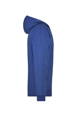 A blue hooded jacket featuring a kangaroo pocket and ribbed cuffs. It has a logo on it.