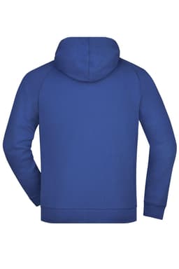 A blue hooded jacket with a simple design, featuring a hood and long sleeves, and a logo on the back.