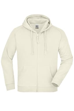 A cream hooded jacket with a zip front, featuring a kangaroo pocket and drawstring hood, includes a logo.