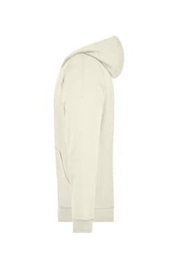 A cream hooded jacket viewed from the side, featuring a hood and a front pocket, with a subtle logo.