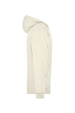 A light beige hooded jacket with a side view, featuring a kangaroo pocket and a logo.