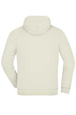 A light cream hooded jacket with a full back view, featuring a logo on the upper back.