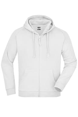 A hooded jacket in light grey featuring a front zipper and a drawstring hood. It has a logo on it.