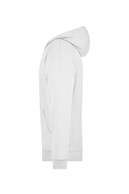 A white hooded jacket with a kangaroo pocket and a logo on the chest. It features ribbed cuffs and hem.
