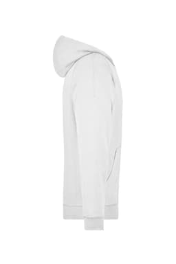 A grey hooded jacket displaying a side view, featuring a pocket and a logo on the front.