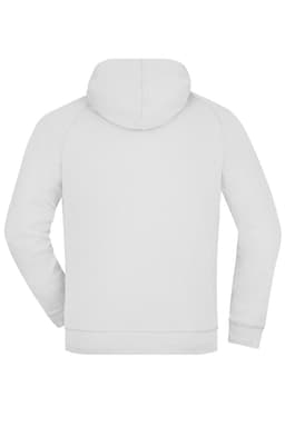 A hooded jacket in white, featuring a simple design and a rear view with a small logo on the back.