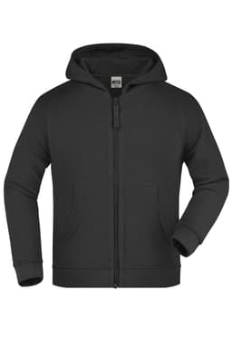 A hooded jacket in black with a zip front and pockets, featuring a logo on the label.