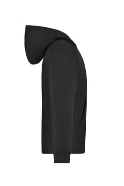 A black hooded jacket for juniors with a kangaroo pocket and ribbed cuffs. Features a logo on the front.