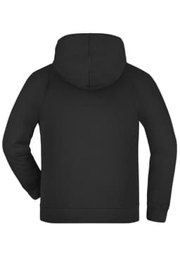 A black hooded jacket with a kangaroo pocket and a logo on the back. Suitable for juniors.