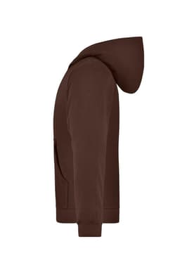 A brown hooded jacket with a side view, featuring a hood and a pocket, and has a logo.