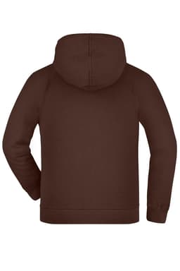 A brown hooded junior jacket with a simple design and a rear view, featuring a hood and long sleeves.