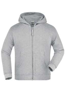 A hooded jacket in light grey, featuring a zipper, pockets, and long sleeves. It has a logo on the label.
