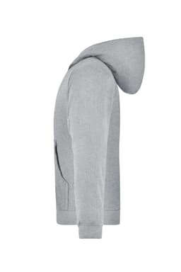 A grey hooded jacket for juniors, featuring a side view and a pocket on the front. It has a simple design with a hood.