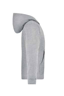 A grey hooded jacket for juniors, featuring a side view and a kangaroo pocket, with an attached hood.
