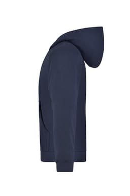 A navy hooded jacket featuring a side view with a smooth finish and a logo on the chest.
