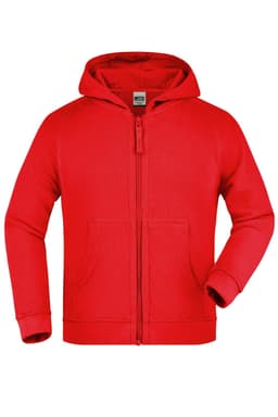 A red hooded jacket with a zip and pockets. It features a logo on the label.
