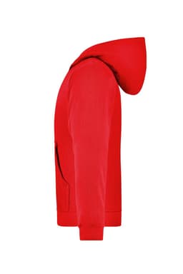A red hooded jacket for juniors, featuring a front pocket and a hood, with a logo present.
