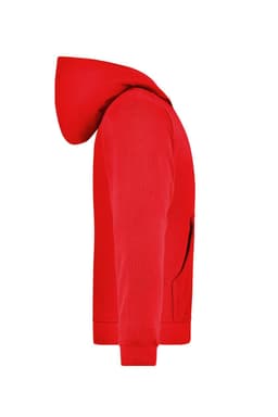 A red hooded jacket for juniors with a side view showcasing its design and pocket. It features a logo.
