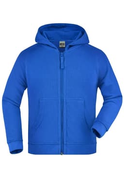 A blue hooded jacket for juniors featuring a zip front and front pockets, complete with a logo on the chest.