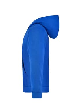 A blue hooded jacket junior with a kangaroo pocket, featuring a logo on the side.