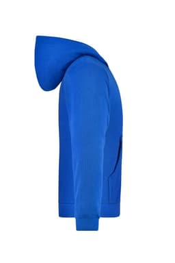A side view of a bright blue junior hooded jacket, featuring a hood and a kangaroo pocket.