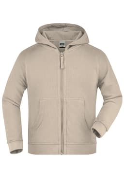 A hooded jacket in a light beige colour with a zip front and pockets, featuring a logo on the chest area.