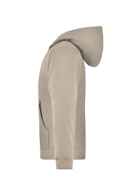 A hooded junior jacket in a soft beige colour, featuring a side pocket and a branded logo.