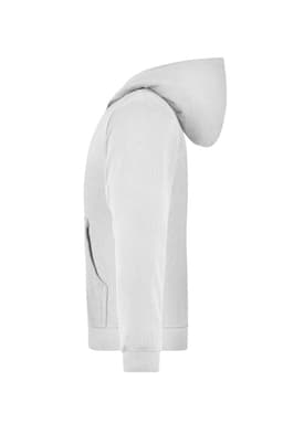 A grey hooded jacket designed for juniors, featuring a side pocket and a logo.