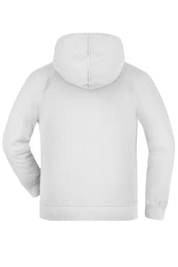 A hooded jacket in light grey with a smooth finish and a back view. It features a logo on the garment.