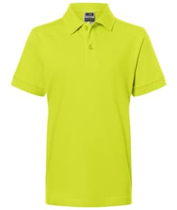A bright yellow polo shirt with a classic collar and short sleeves, featuring a logo.