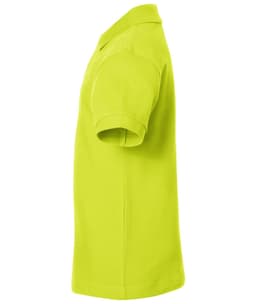 A side view of a bright lime green polo shirt with a collar and short sleeves. It features a logo.