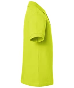 A bright yellow polo shirt in a side view, featuring a collar and short sleeves, with a logo present.