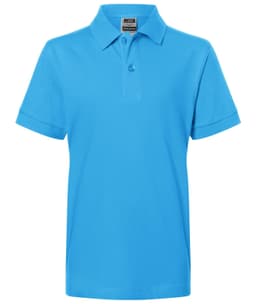 A blue Classic Polo Junior shirt featuring a collar and a logo on the chest. Short sleeves with rolled cuffs.