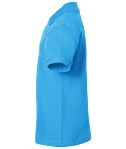 A side view of a bright blue polo shirt featuring short sleeves and a collar, with a logo on the chest.