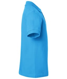 A side view of a blue polo shirt with a collar and short sleeves, featuring a logo.