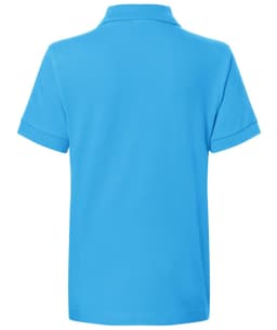 A blue polo shirt with a classic design, featuring a collar and short sleeves, and includes a logo.