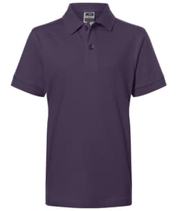 A purple polo shirt with a collar and short sleeves, featuring a button at the neck and a logo.