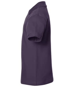 A side view of a purple polo shirt featuring a collar and short sleeves, with a logo or branding present.