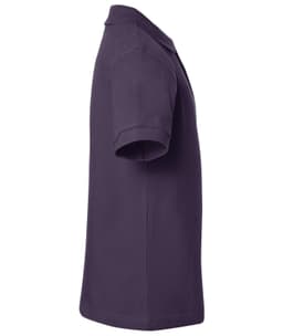 A side view of a classic junior polo shirt in deep purple, featuring a collar and short sleeves with a logo.